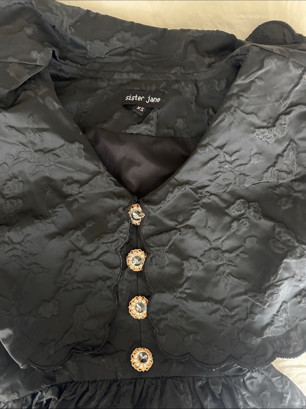 Sister Jane Black Floral Jacquard Cropped Jacket with Gold Decorative Buttons